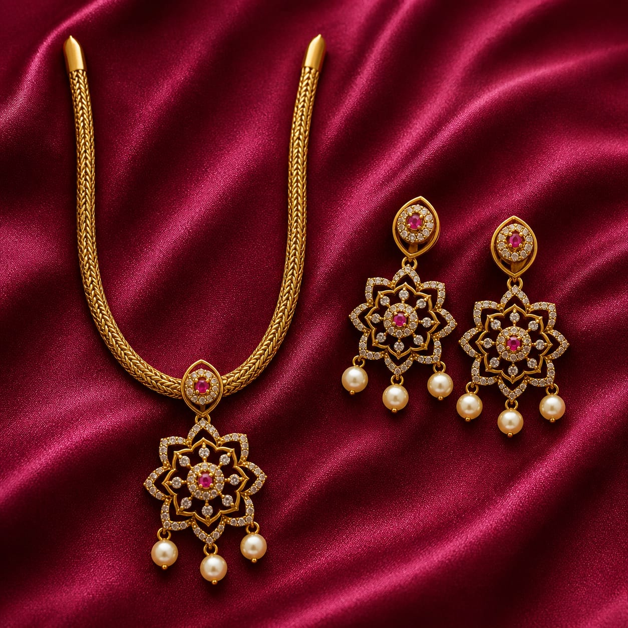 Ruby Blossom Pearl Pendant Set